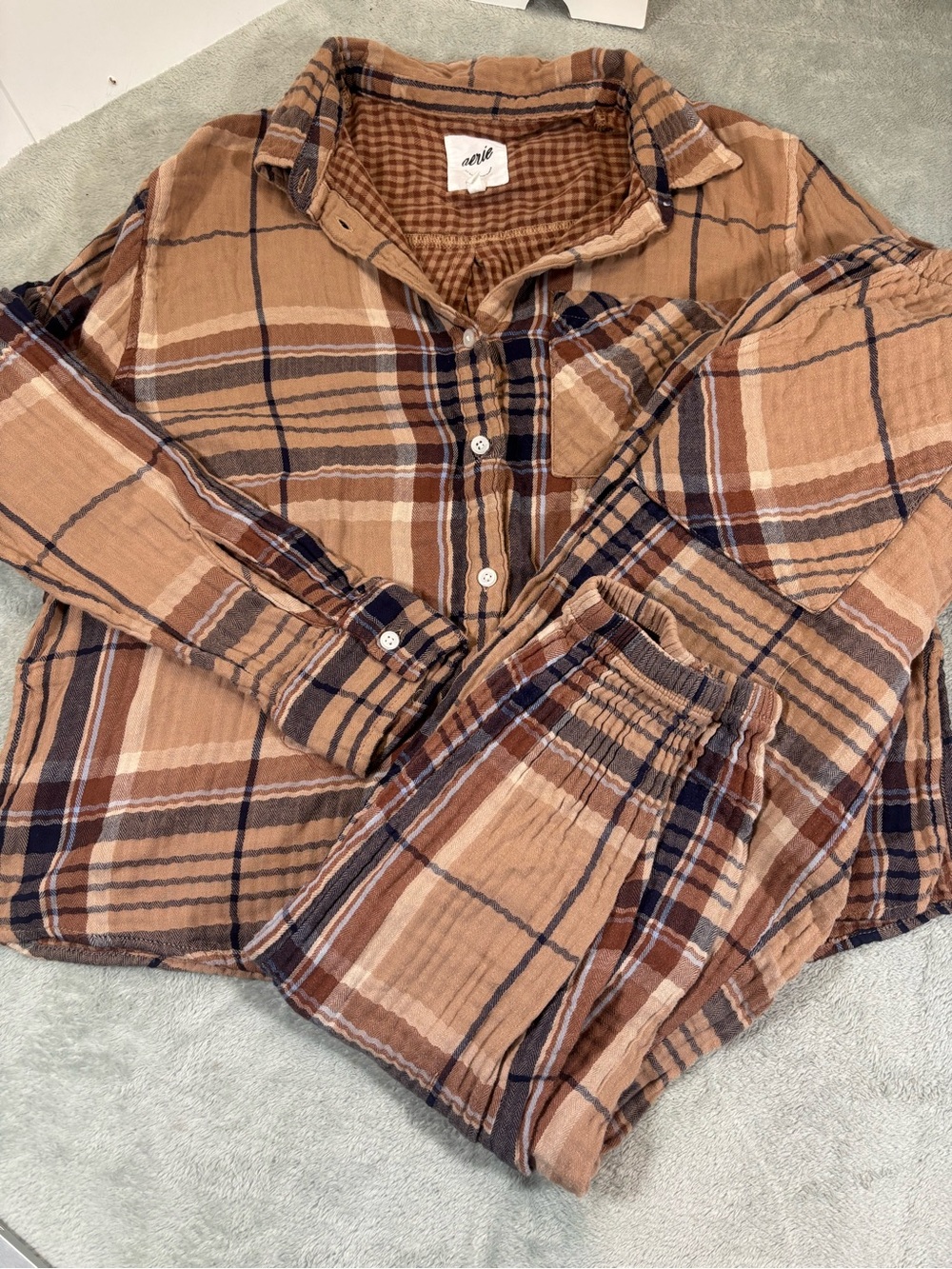 Aerie Plaid Flannel Pajama Sleep Set Brown Pink M / XS